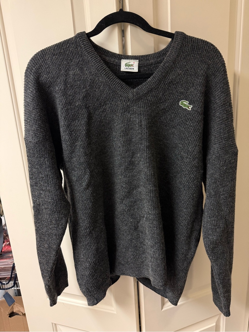Lacoste Men’s Charcoal V-Neck Sweater with Green Crocodile Logo